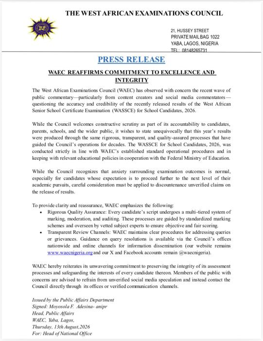 WAEC Reaffirms Credibility of 2026 WASSCE Results Amid Concerns