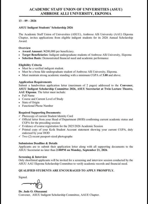 AAU ASUU Announces 2026 Scholarship Programme for Indigent Students