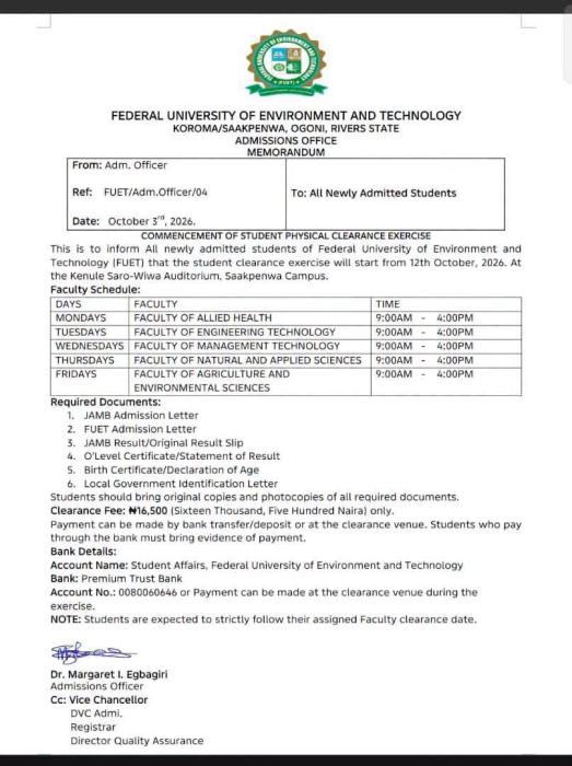 FUET Announces Physical Clearance Exercise for 2026/2027 Students